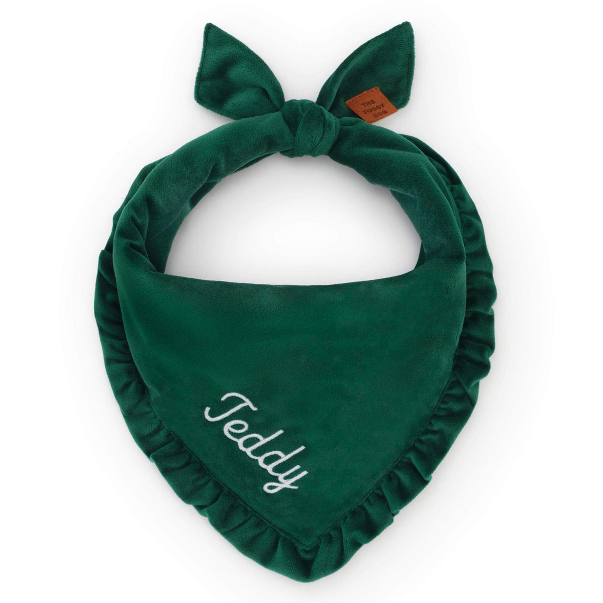 Forest Green Velvet Ruffled Dog Bandana from The Foggy Dog