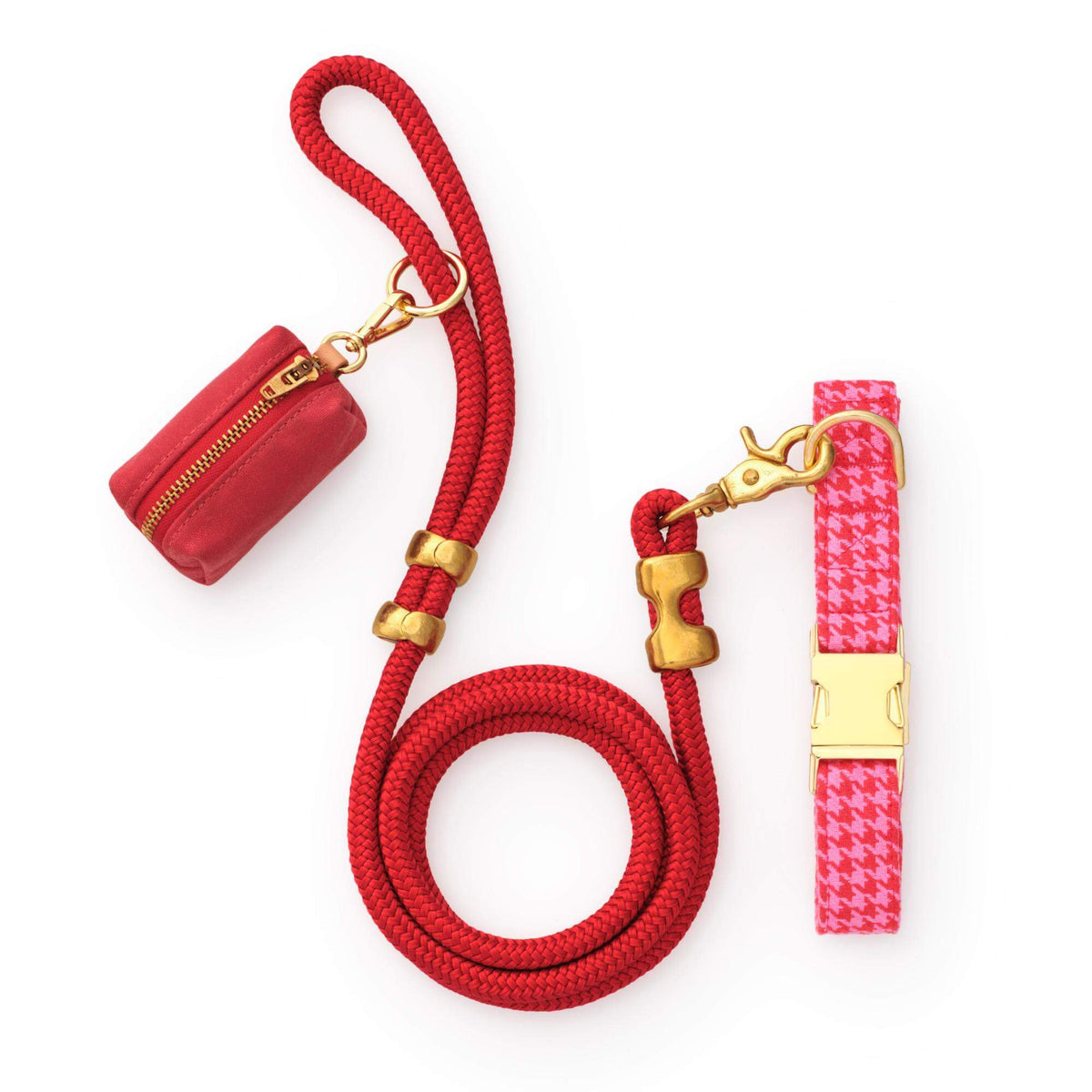 Pink and Red Houndstooth Collar Walk Set from The Foggy Dog