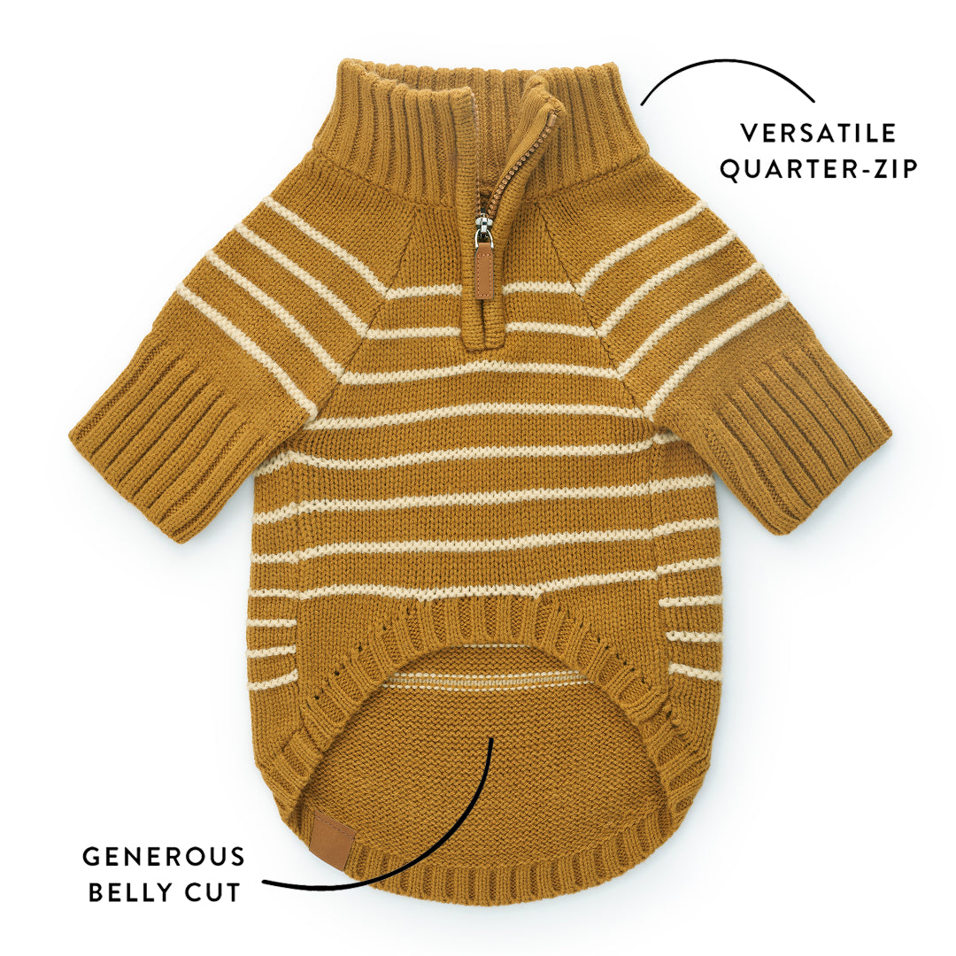 Mustard Stripe Quarter-Zip Dog Sweater from The Foggy Dog