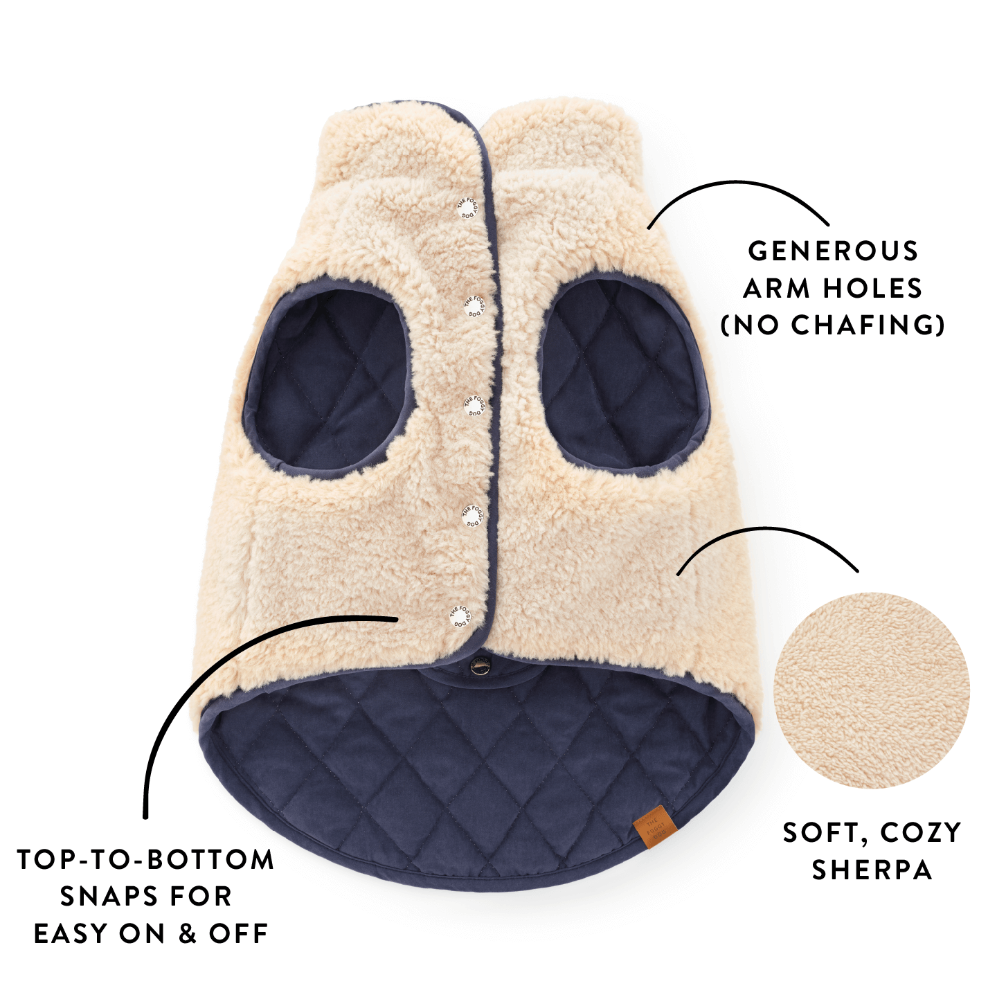 Navy Sherpa-Lined Reversible Dog Jacket from The Foggy Dog