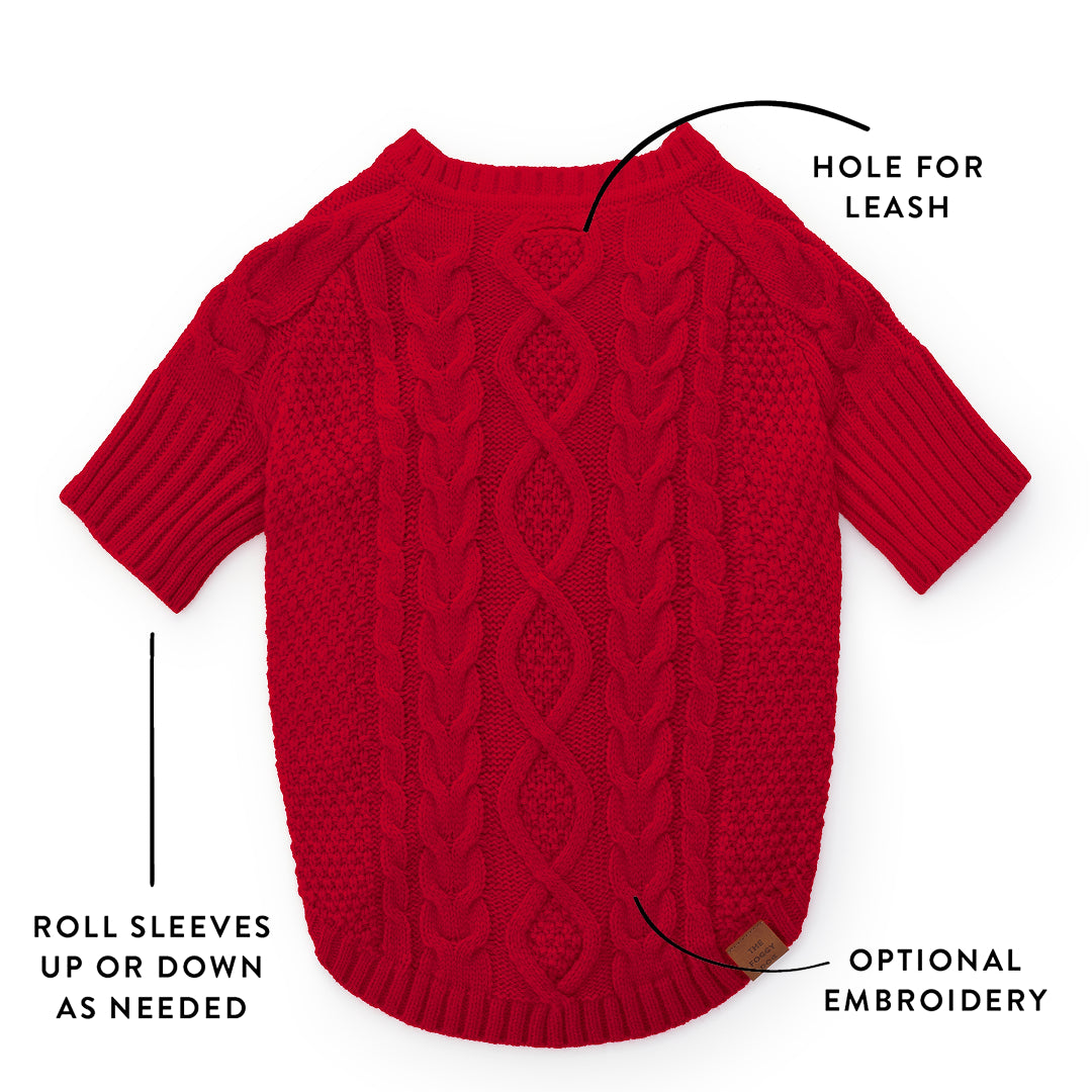 Red Cable Knit Dog Sweater from The Foggy Dog