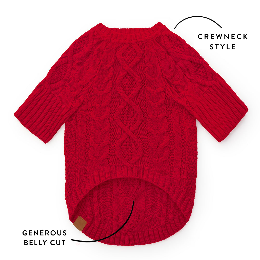 Red Cable Knit Dog Sweater from The Foggy Dog