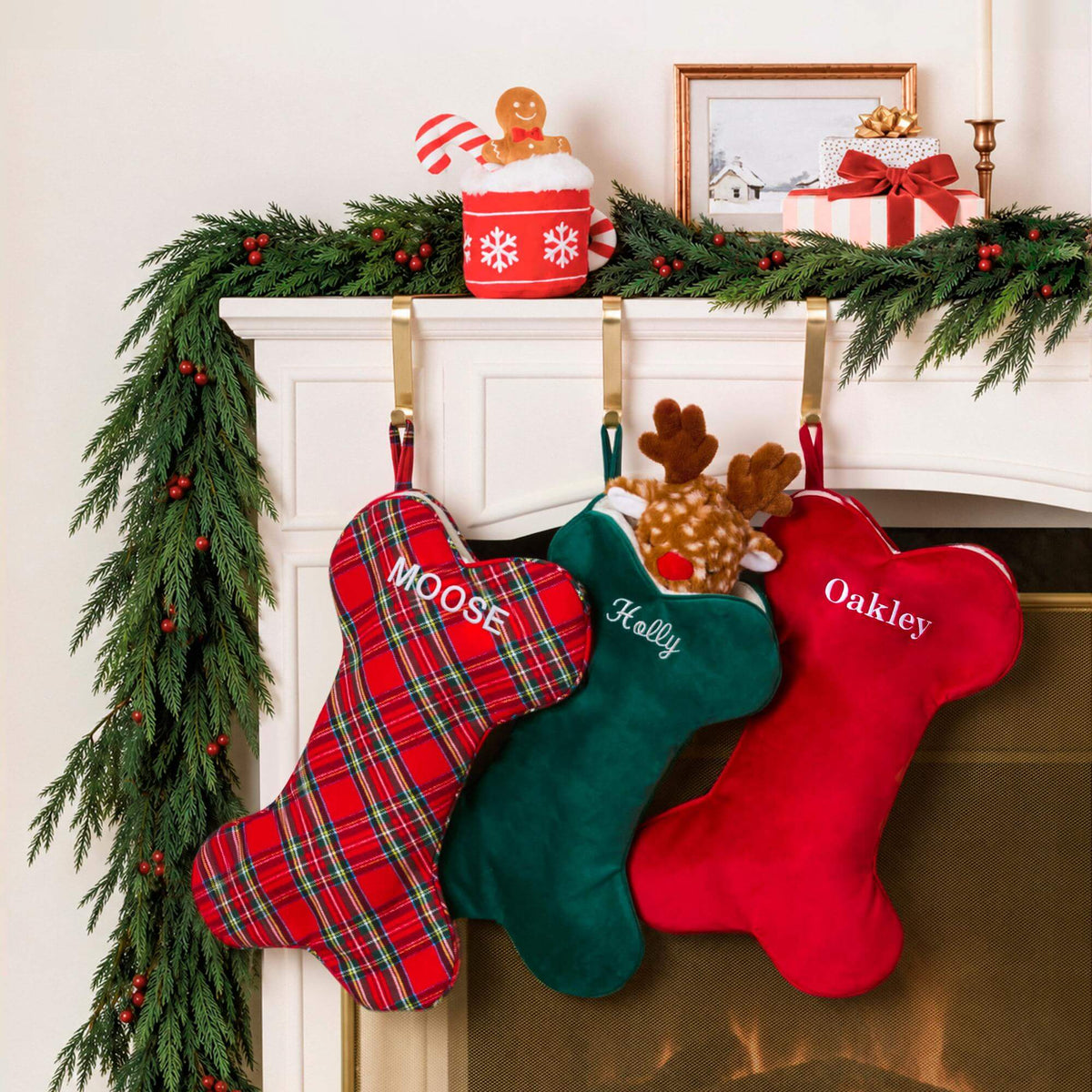 Cranberry Velvet, Tartan Plaid Flannel, Forest Green Velvet Dog Christmas Stocking from The Foggy Dog