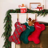 Cranberry Velvet, Tartan Plaid Flannel, Forest Green Velvet Dog Christmas Stocking from The Foggy Dog