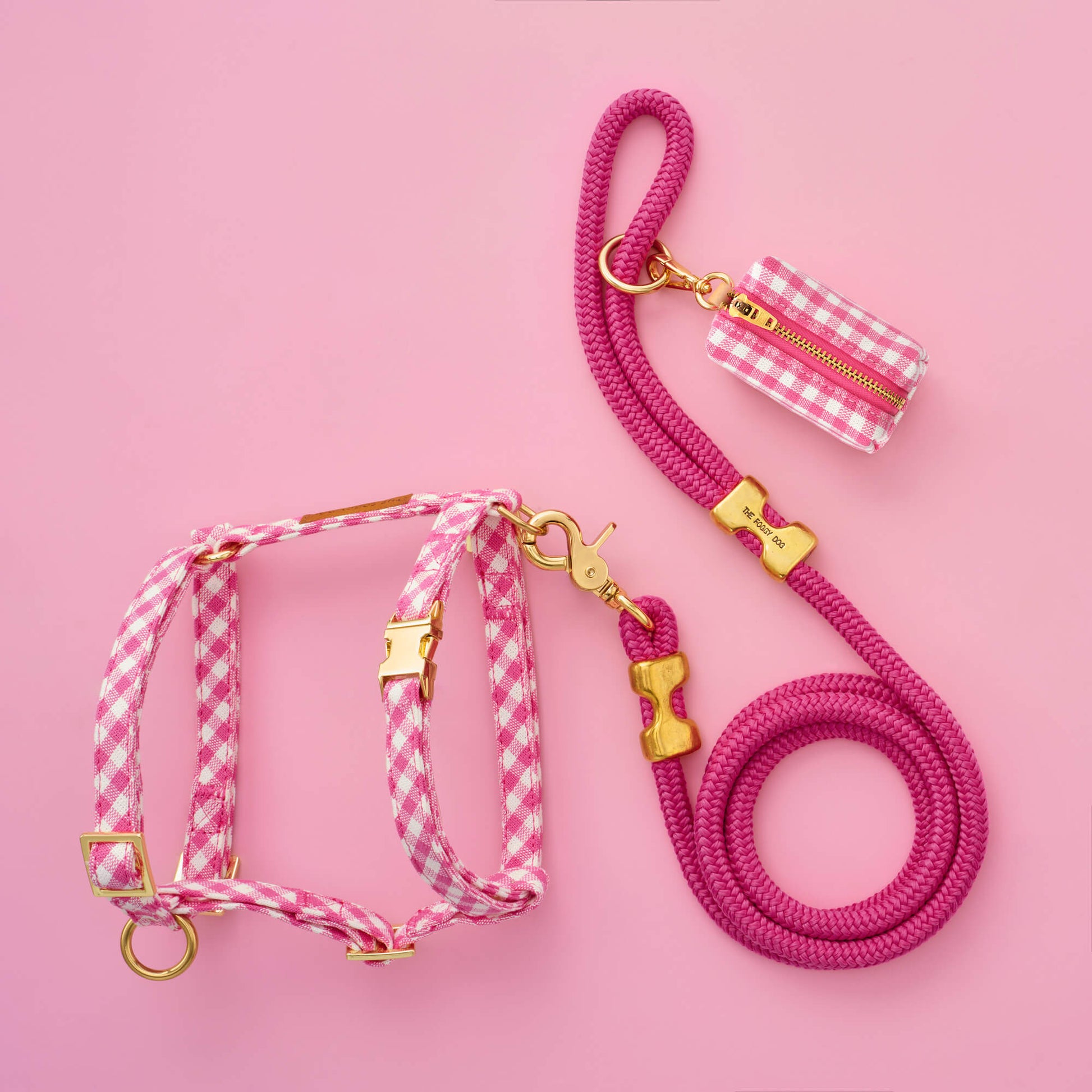 Hot Pink Gingham Harness Walk Set from The Foggy Dog