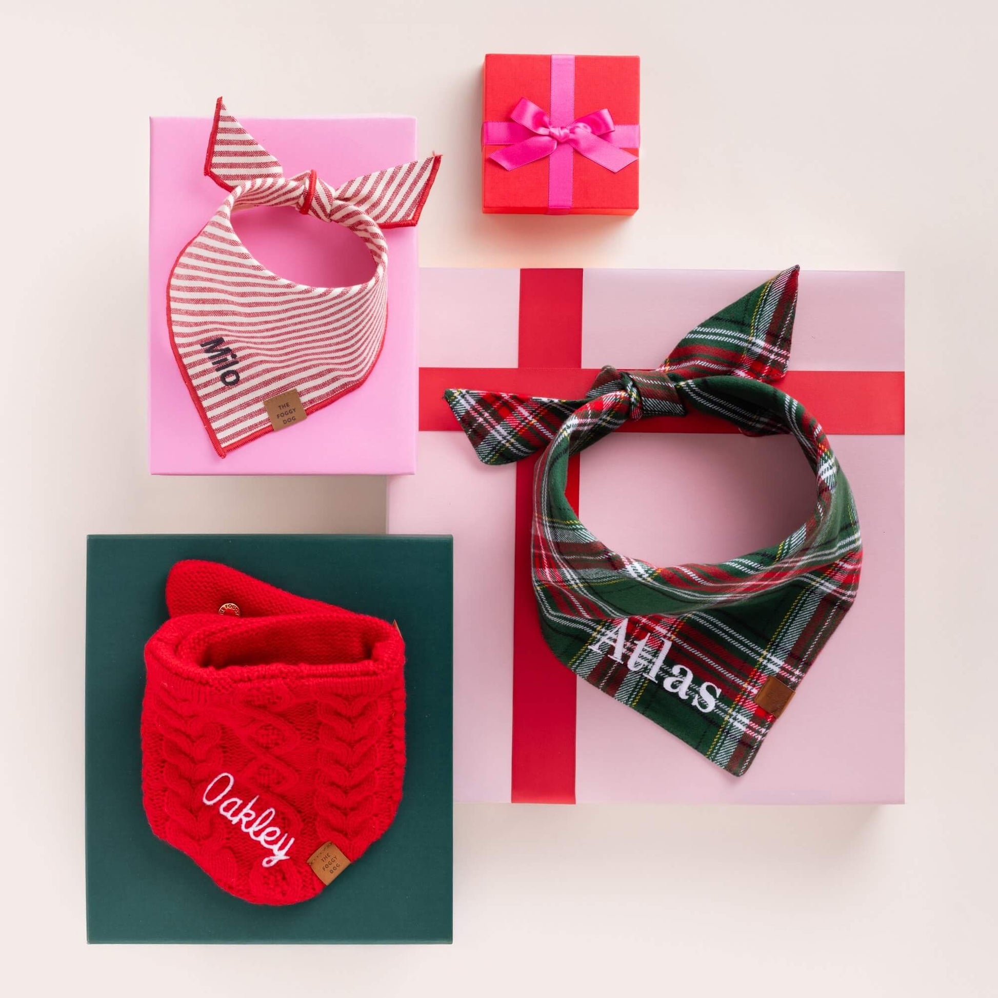 Red Stripe, Red Cable Knit, and Holly Jolly Plaid Flannel Dog Bandanas from The Foggy Dog