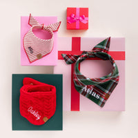Red Stripe, Red Cable Knit, and Holly Jolly Plaid Flannel Dog Bandanas from The Foggy Dog