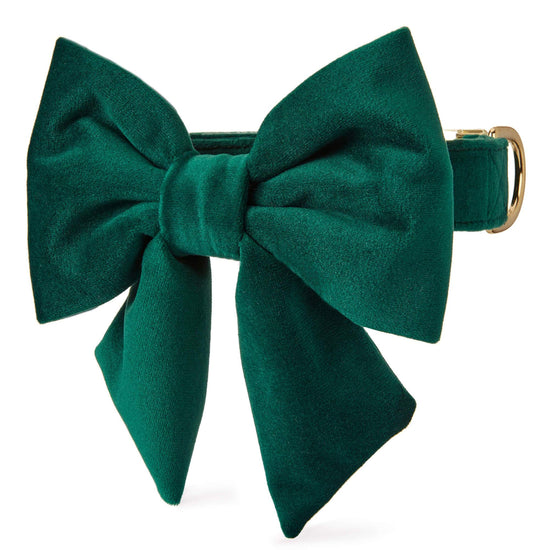 Forest Green Velvet Lady Bow Collar from The Foggy Dog XS Small Gold